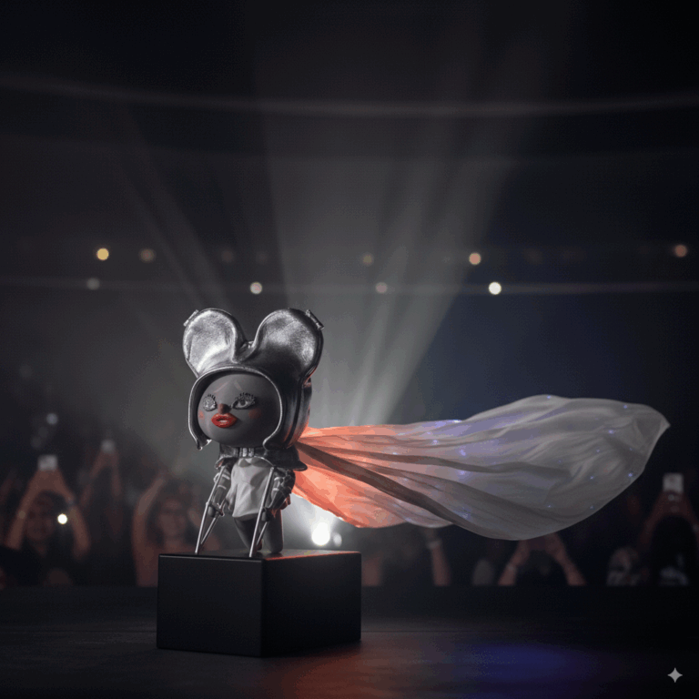 Cute 2-head Labubu doll inspired by Lady Gaga Mayhem Ball stage outfit featuring rainbow cape and metallic silver armor