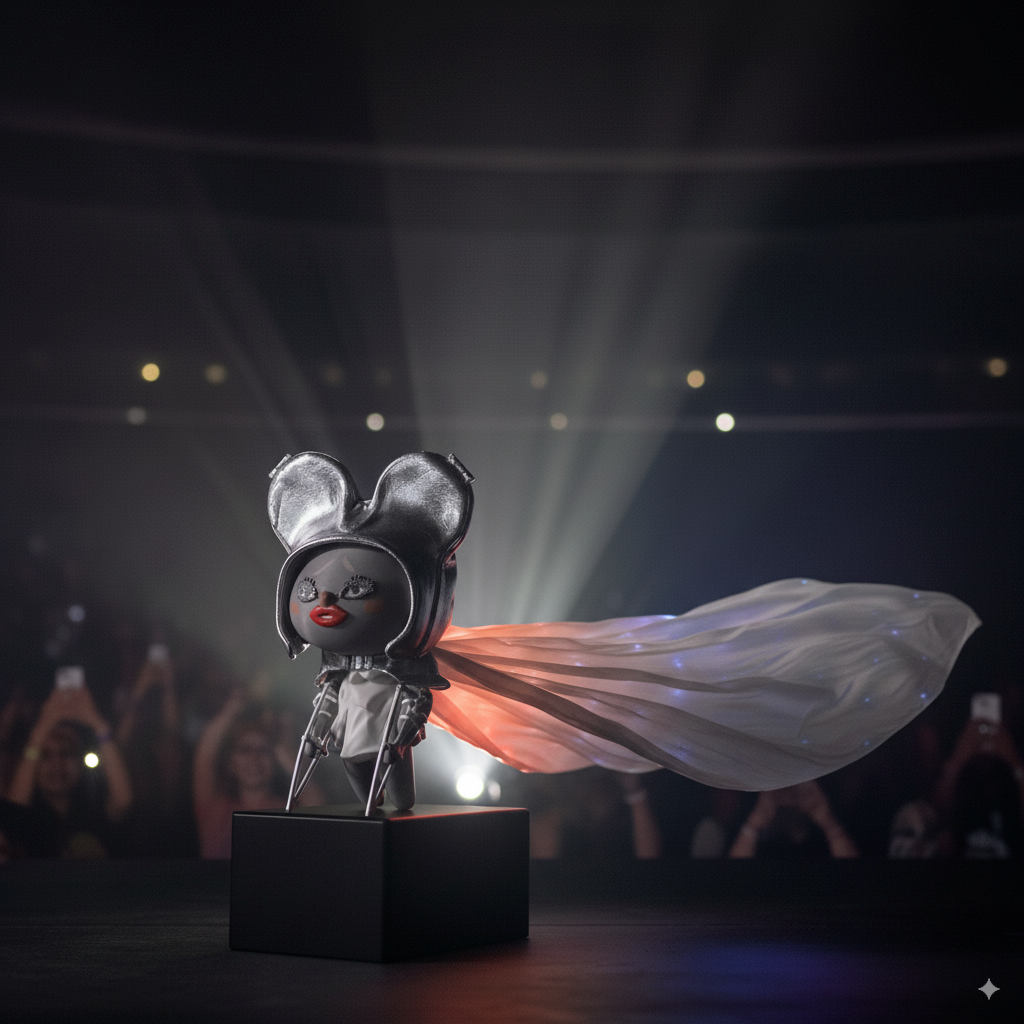 Cute 2-head Labubu doll inspired by Lady Gaga Mayhem Ball stage outfit featuring rainbow cape and metallic silver armor