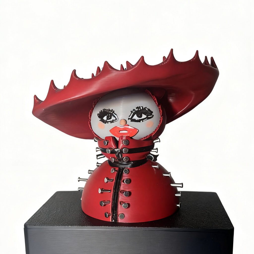 Cute 2-head Labubu doll inspired by Lady Gaga Abracadabra MV, detailed with deep red PLA body and durable stainless steel studs