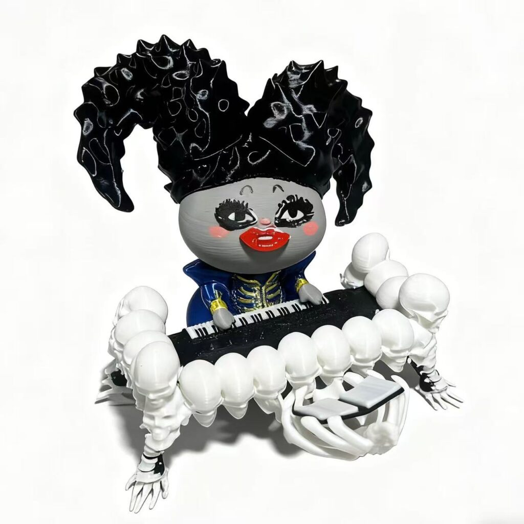 Labubu Lady Gaga Die with a Smile doll collectible featuring horn hat, skull piano, and silk-texture PLA outfit