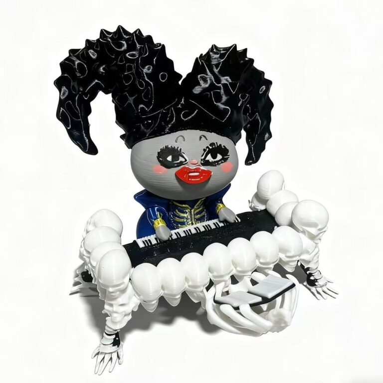 Labubu Lady Gaga Die with a Smile doll collectible featuring horn hat, skull piano, and silk-texture PLA outfit