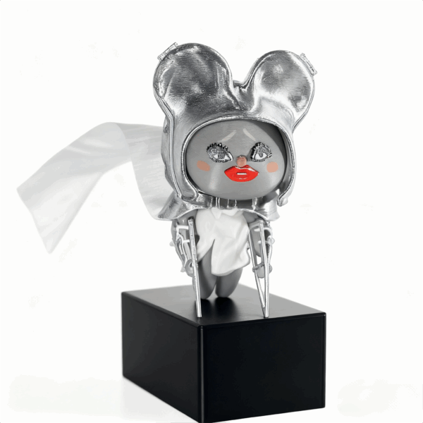 Labubu Lady Gaga Paparazzi Coachella 2025 doll collectible with rainbow silk cape, silver armor, and rainbow lamp accessory